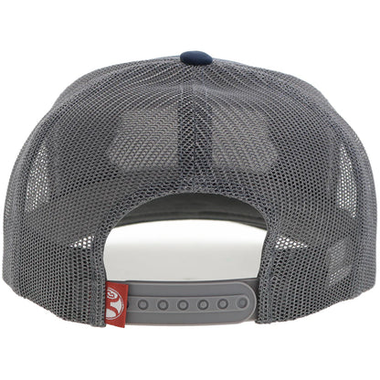 Back view of a gray mesh Hooey cap with a red logo tag on a white background