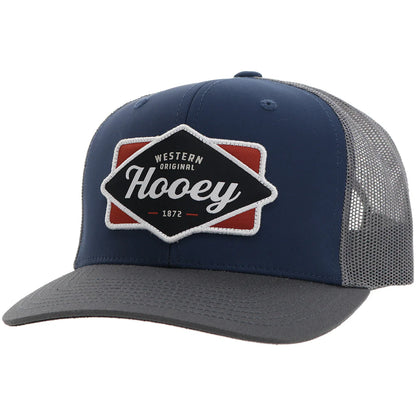 Blue and gray trucker hat with 'Hooey' logo on a white background