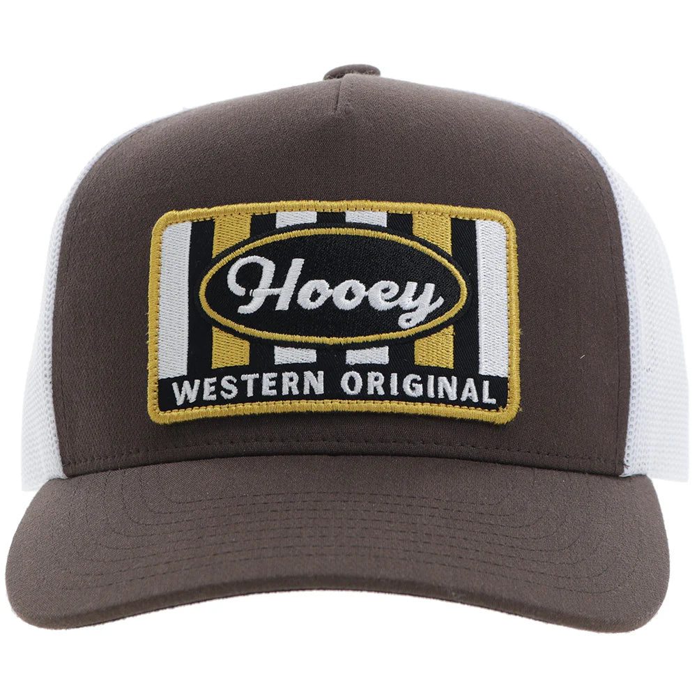 a brown and white trucker cap with a patch that says 'hooey western original'