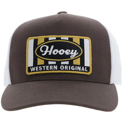 a brown and white trucker cap with a patch that says 'hooey western original'