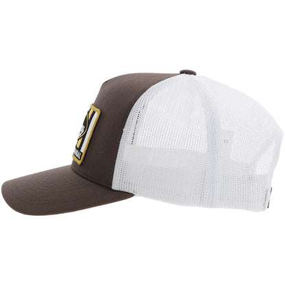 a brown and white trucker cap with a patch that says 'hooey western original'