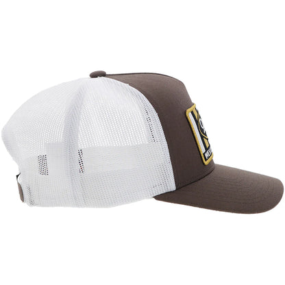 a brown and white trucker cap with a patch that says 'hooey western original'