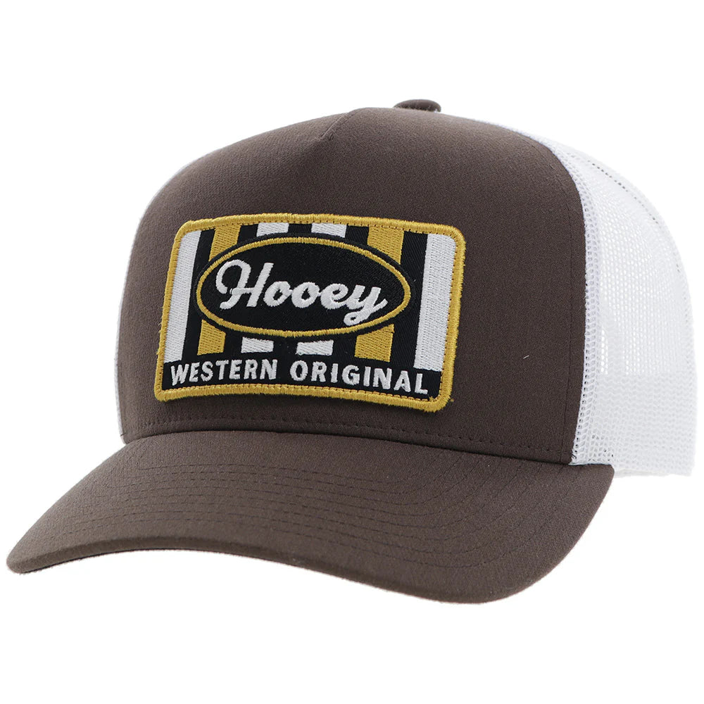 a brown and white trucker cap with a patch that says 'hooey western original'