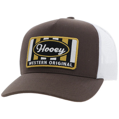 a brown and white trucker cap with a patch that says 'hooey western original'