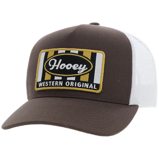 a brown and white trucker cap with a patch that says 'hooey western original'