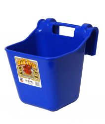 a blue square bucket with hooks to put over a fence, on a white background.