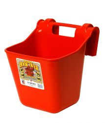a red square bucket with hooks to put over a fence, on a white background.