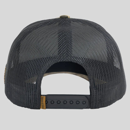 Rear view of a dark gray mesh trucker cap with a black snapback closure and a small tan brand tab reading Hold Fast