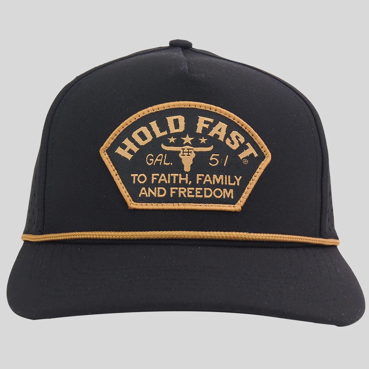 A black baseball cap from Hold Fast with a curved brim, featuring a prominent embroidered patch on the front that reads 'HOLD FAST GAL. 51 TO FAITH, FAMILY AND FREEDOM' with a steer skull design.
