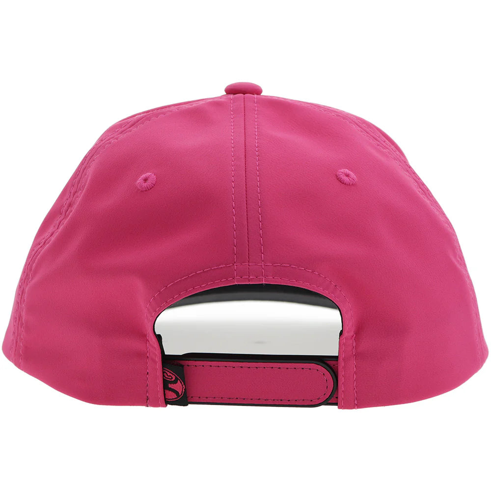 the back of a pink cap