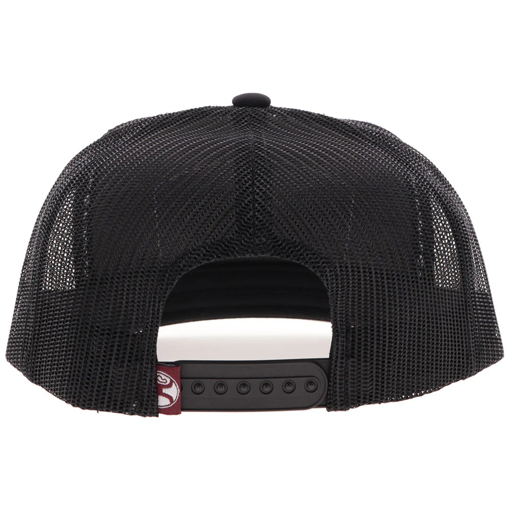 Black mesh cap with a red and white logo on the back, on a white background