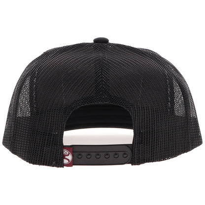 Black mesh cap with a red and white logo on the back, on a white background