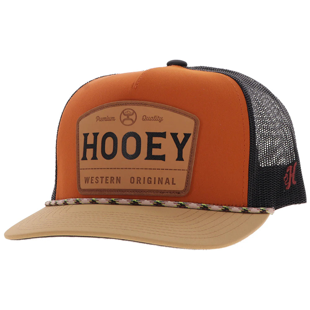 Orange and black trucker hat with 'HOOEY' logo on a white background