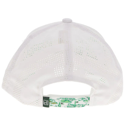 the back of a white cap with laser print mesh and a green pattern on the snap strap