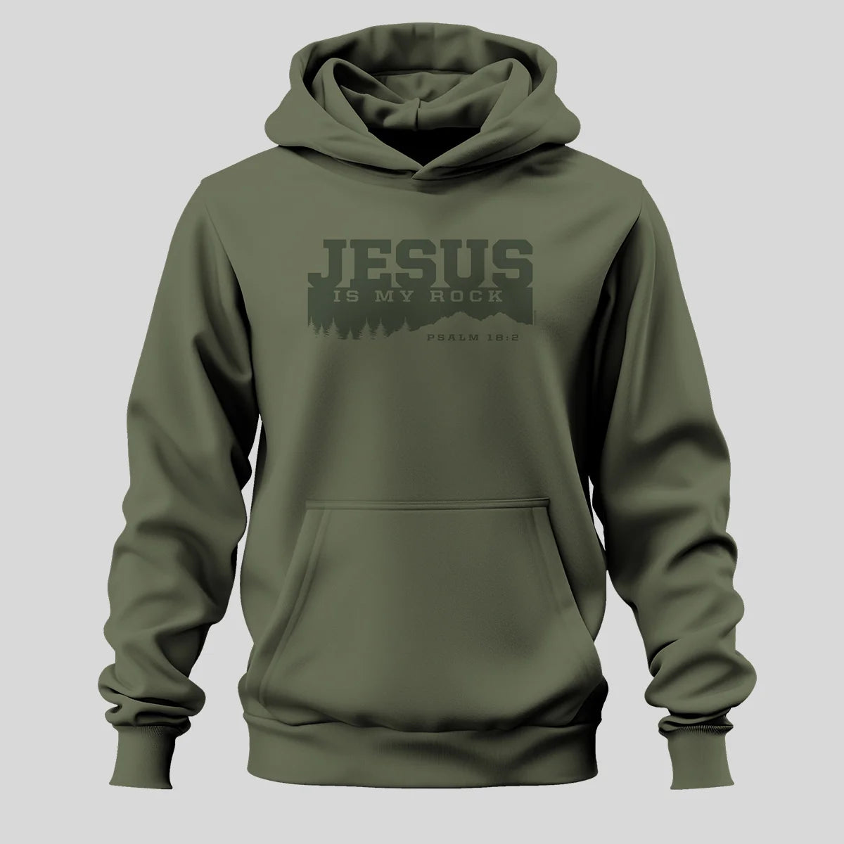 An olive green pullover hoodie from Kerusso with a dark green graphic on the chest that reads 'JESUS IS MY ROCK' and 'PSALM 18:2' below it, displayed on a solid gray background.