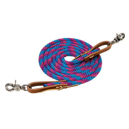 pink and blue coiled rope with snaps and leather attachments