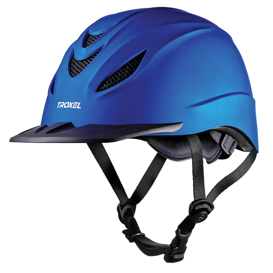 A blue equestrian riding helmet with black ventilation grilles, black chin straps, and a white Troxel logo on the side, shown against a plain white background.
