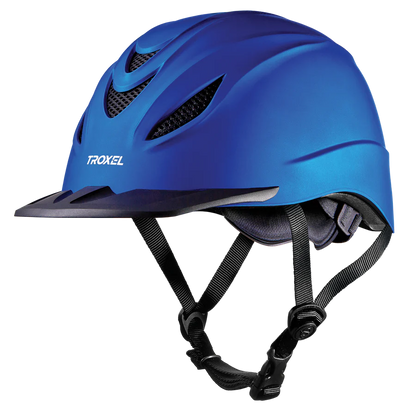 A blue equestrian riding helmet with black ventilation grilles, black chin straps, and a white Troxel logo on the side, shown against a plain white background.