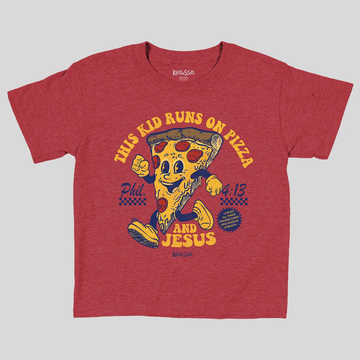 A heather red short-sleeve t-shirt from Kerusso with a colorful cartoon graphic of a pizza slice character running, with the text 'THIS KID RUNS ON PIZZA AND JESUS' and 'Phil 4:13' printed on the front.