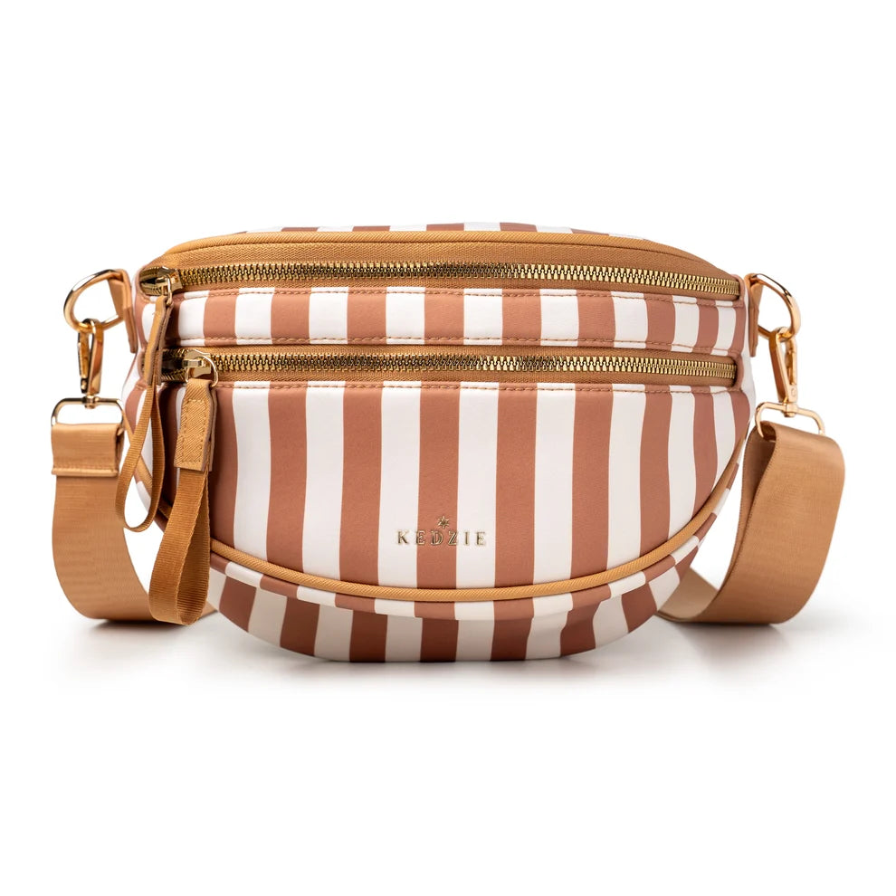 Brown and White crossbody bag by Kedzie on a white background