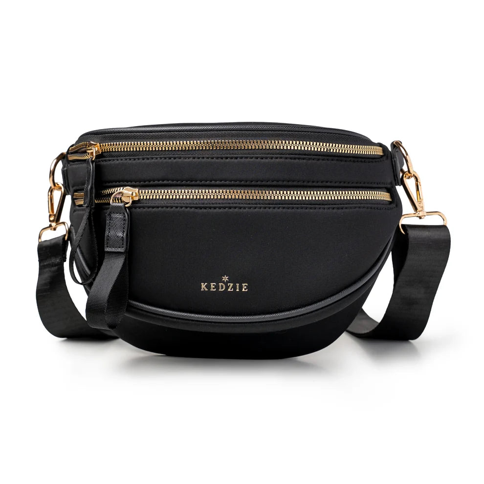 Black crossbody bag by Kedzie on a white background