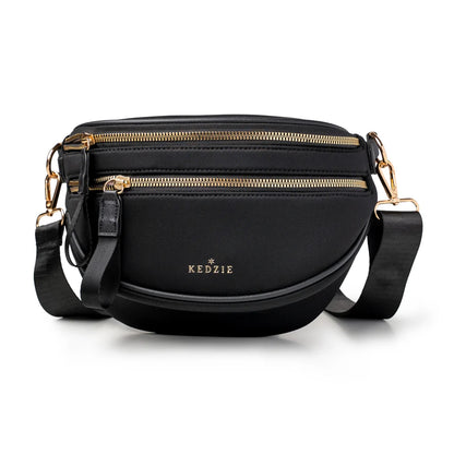 Black crossbody bag by Kedzie on a white background