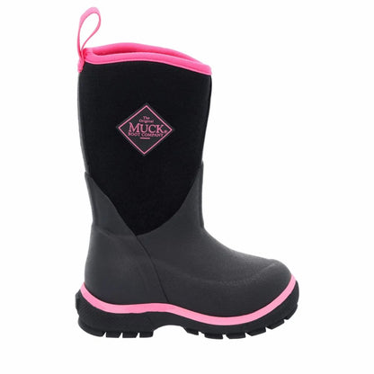 Pink and black kids Muck Boot on a white background