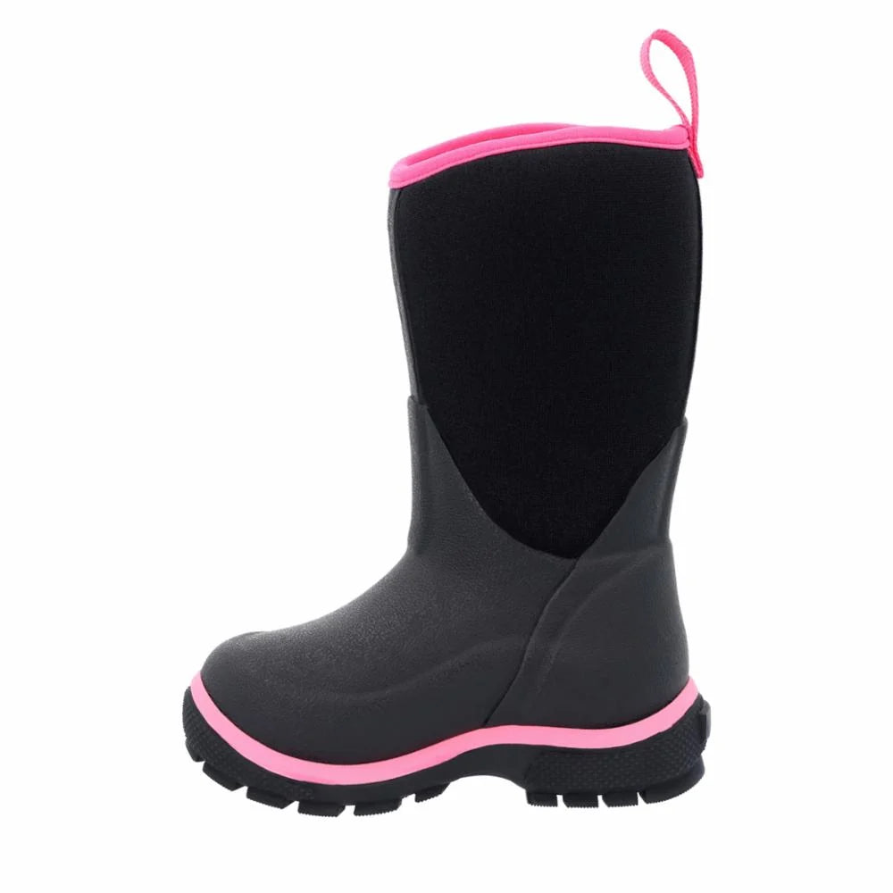 Pink and black kids Muck Boot on a white background