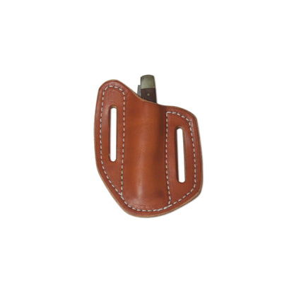Angled leather knife sheath in brown color with visible stitching and belt loops.