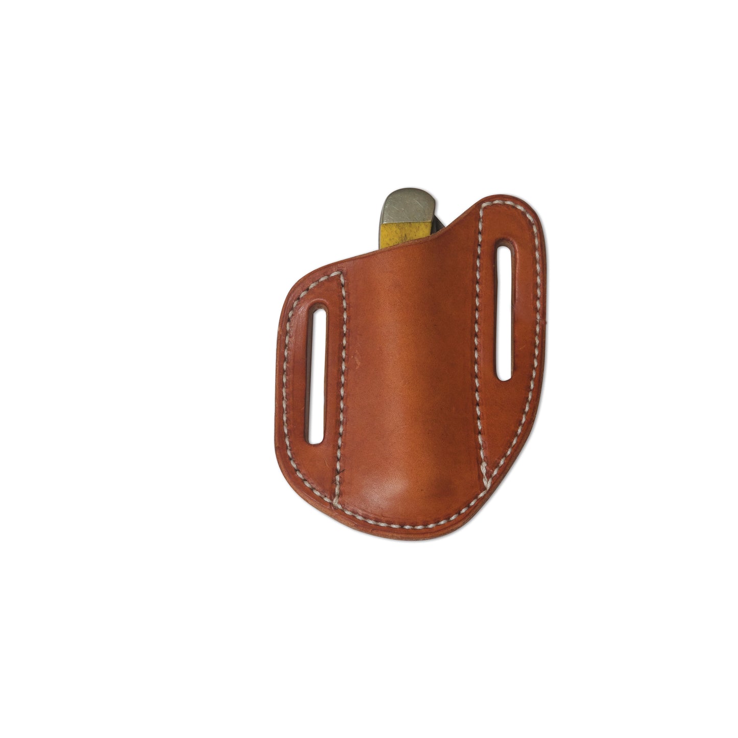 Angled leather knife sheath in brown color with visible stitching and belt loops.
