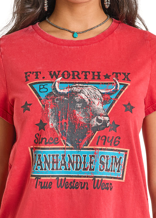 woman wearing a red printed Panhandle Slim tshirt on a white backgroun