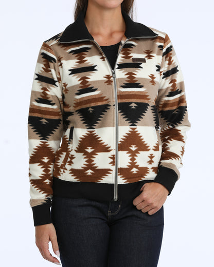 woman wearing an aztexc fleece sweater from Cinch on a white background