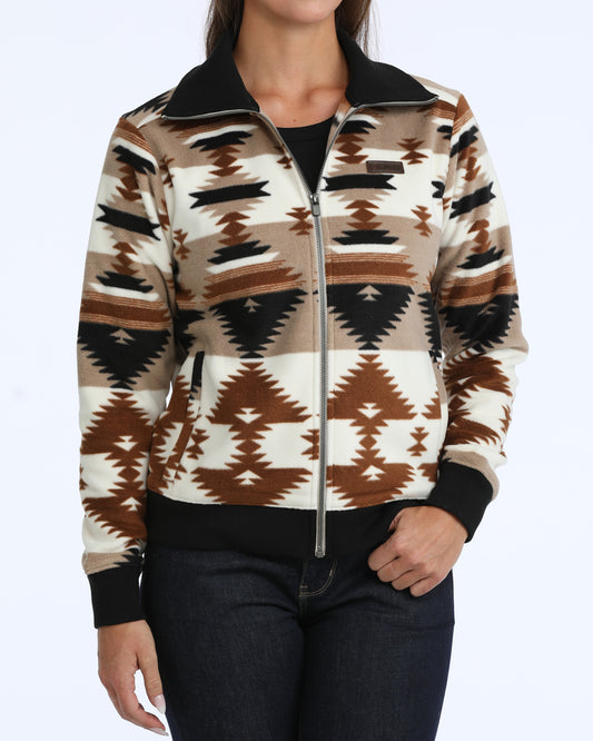 woman wearing an aztexc fleece sweater from Cinch on a white background