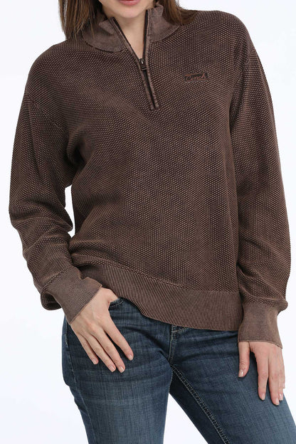 Brown Acid Wash Jacquard 1/4 Zip Women's Sweater by Cinch®