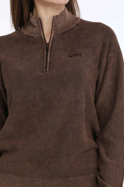 Brown Acid Wash Jacquard 1/4 Zip Women's Sweater by Cinch®