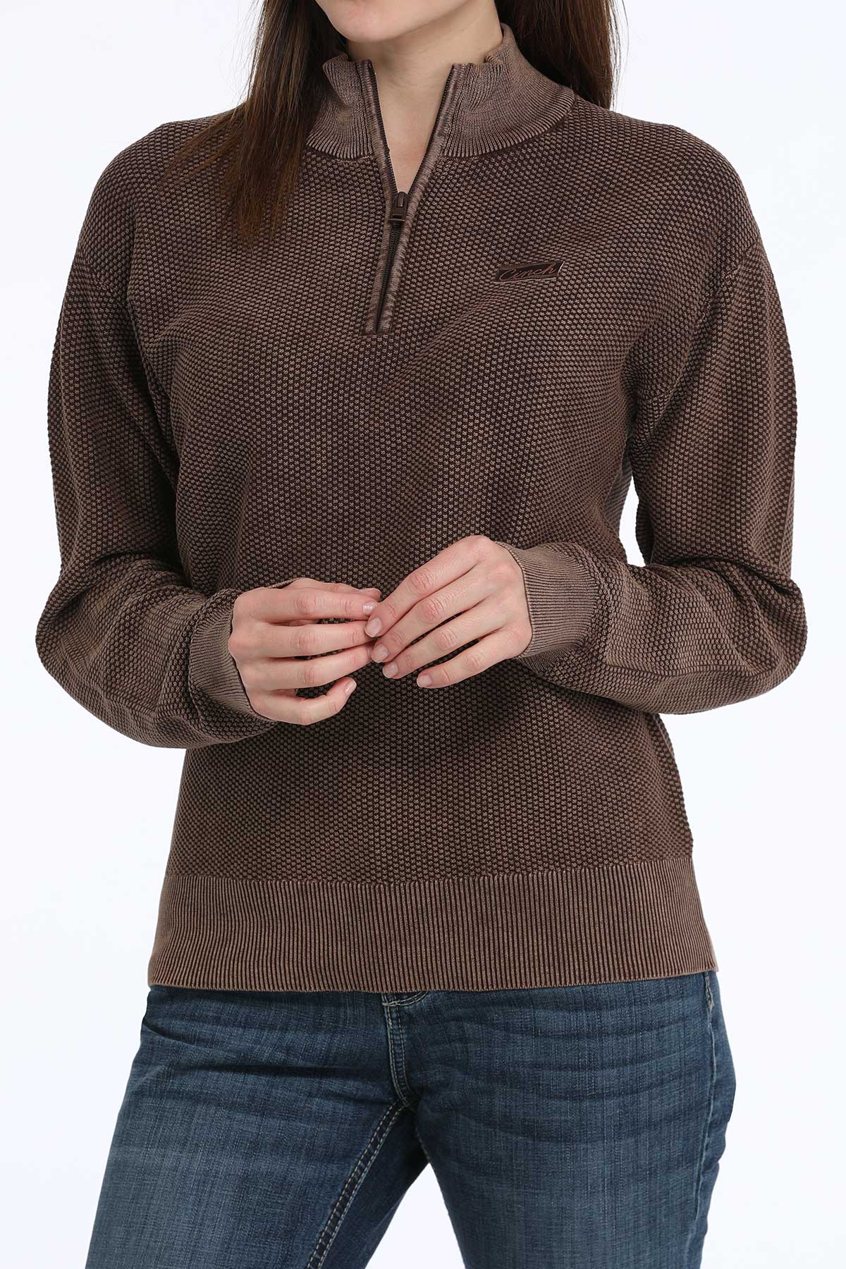 Brown Acid Wash Jacquard 1/4 Zip Women's Sweater by Cinch® – Stone