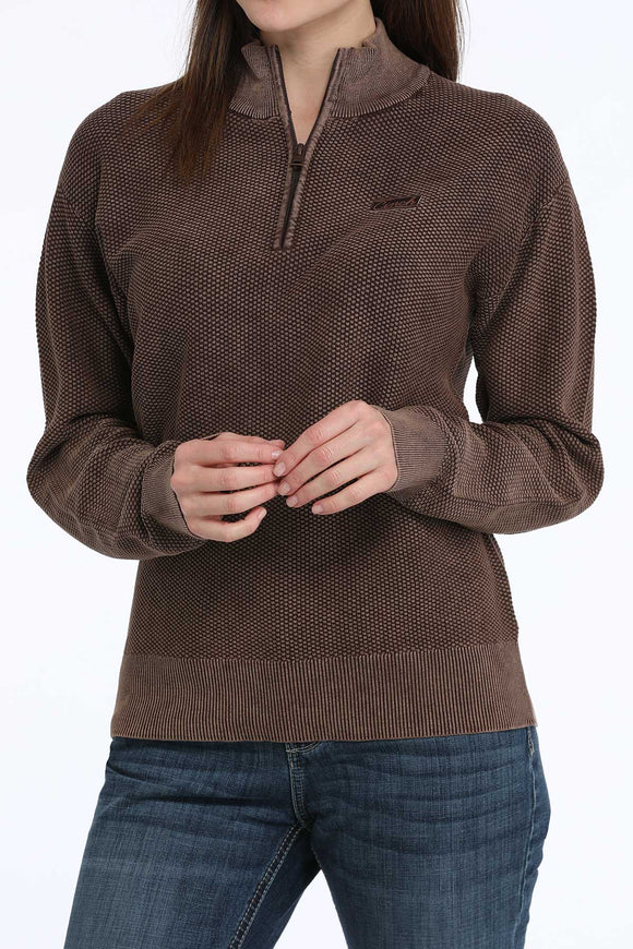 Brown Acid Wash Jacquard 1/4 Zip Women's Sweater by Cinch®