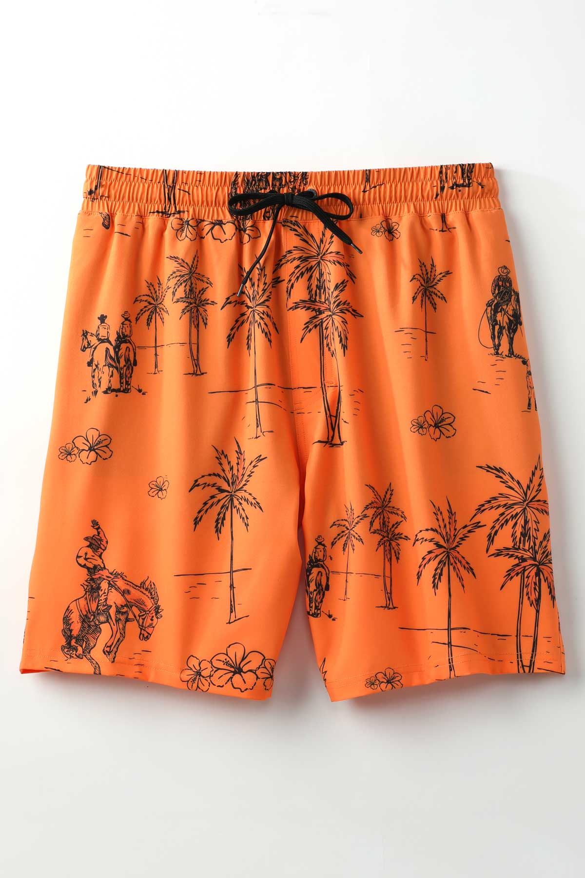 Orange swim shorts by Cinch with black palm tree and horse print on a white background