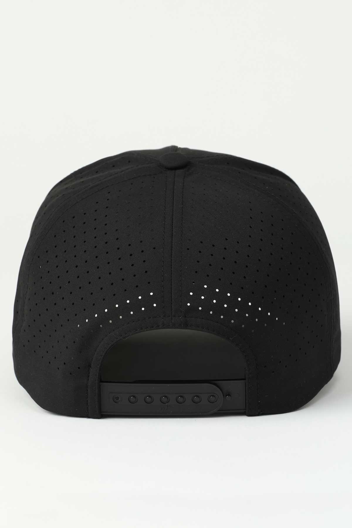 Black cap with a textured back on a white background