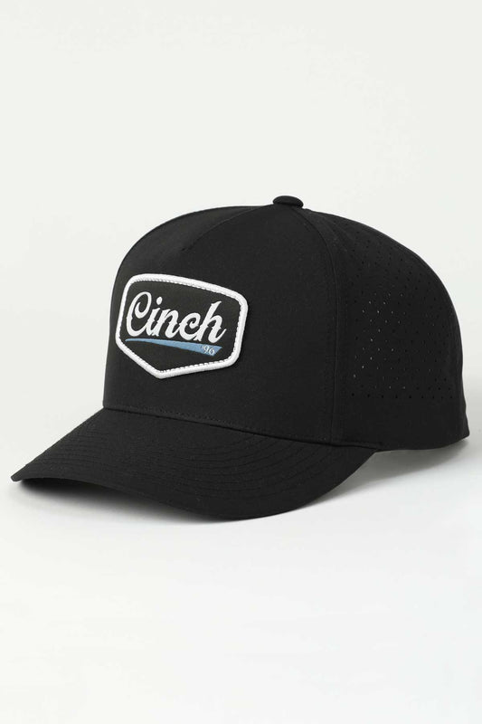 Black cap with 'Cinch' logo on a white background