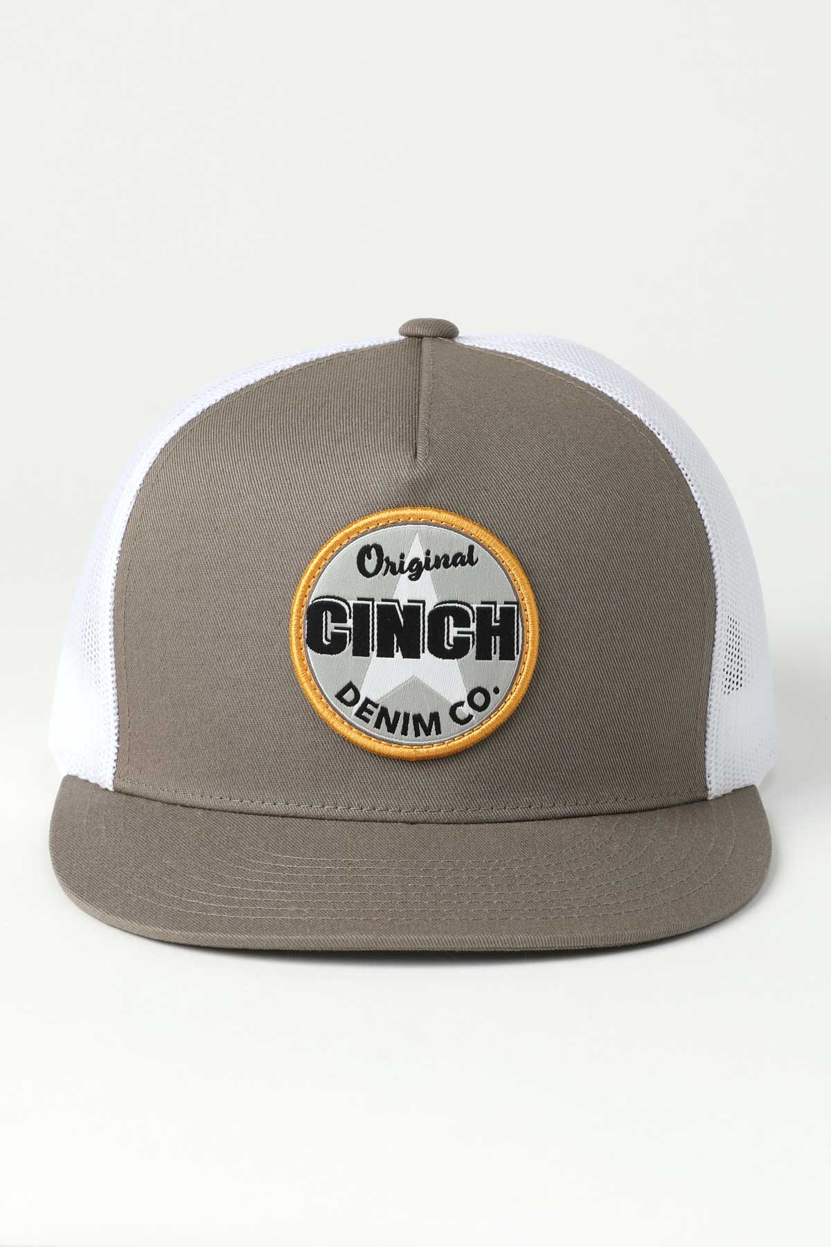 Gray and white cap with Cinch Denim Co. logo on a beige background