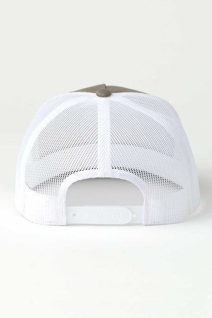 White mesh cap with a brown rim on a white background