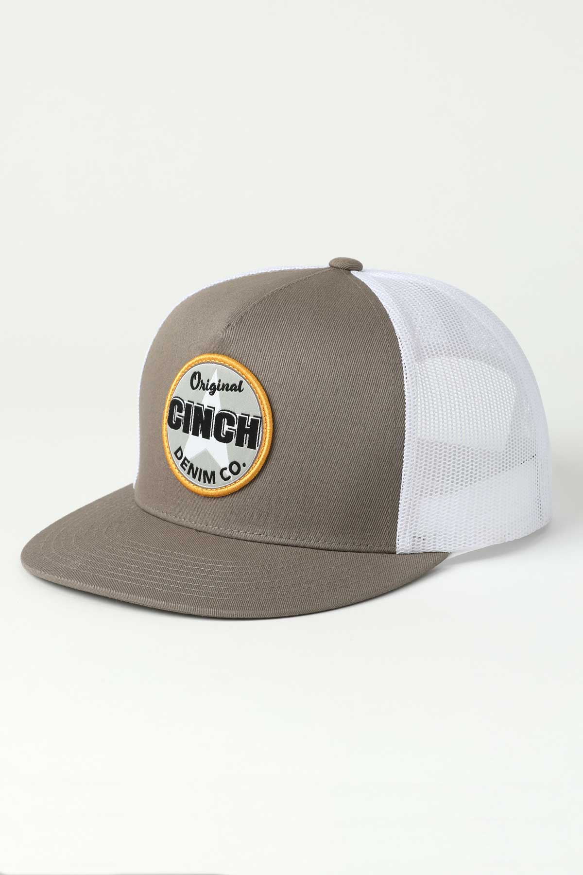 Gray and white cap with Cinch denim logo on a white background