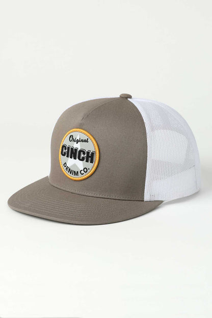 Gray and white cap with Cinch denim logo on a white background