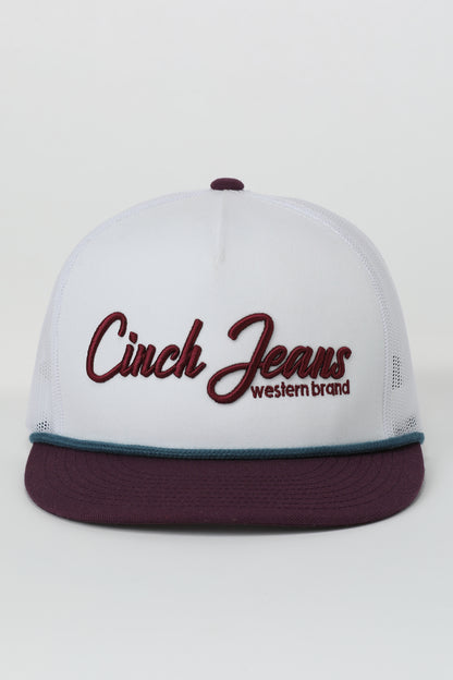 White and maroon cap with 'Cinch Jeans western brand' text on a white background