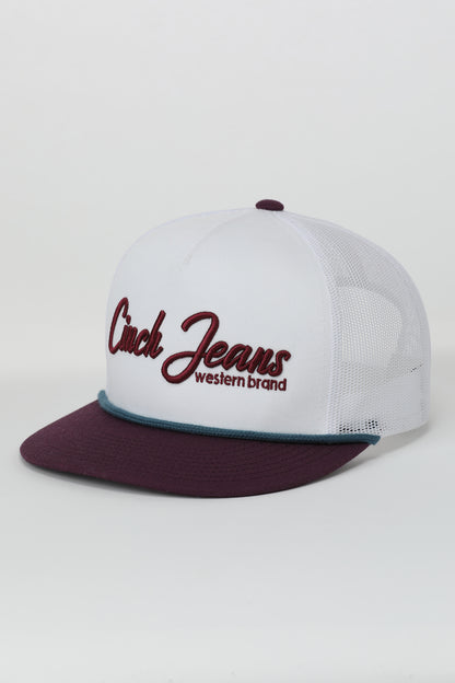 White and maroon cap with 'Cinch Jeans' logo on a light gray background