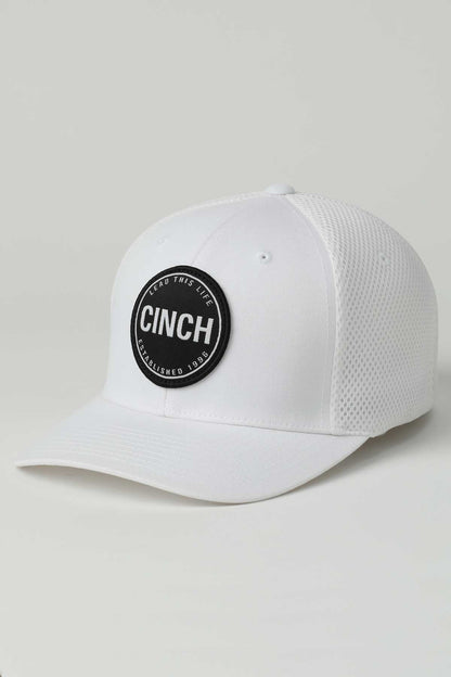 White cap with Cinch logo on a light gray background