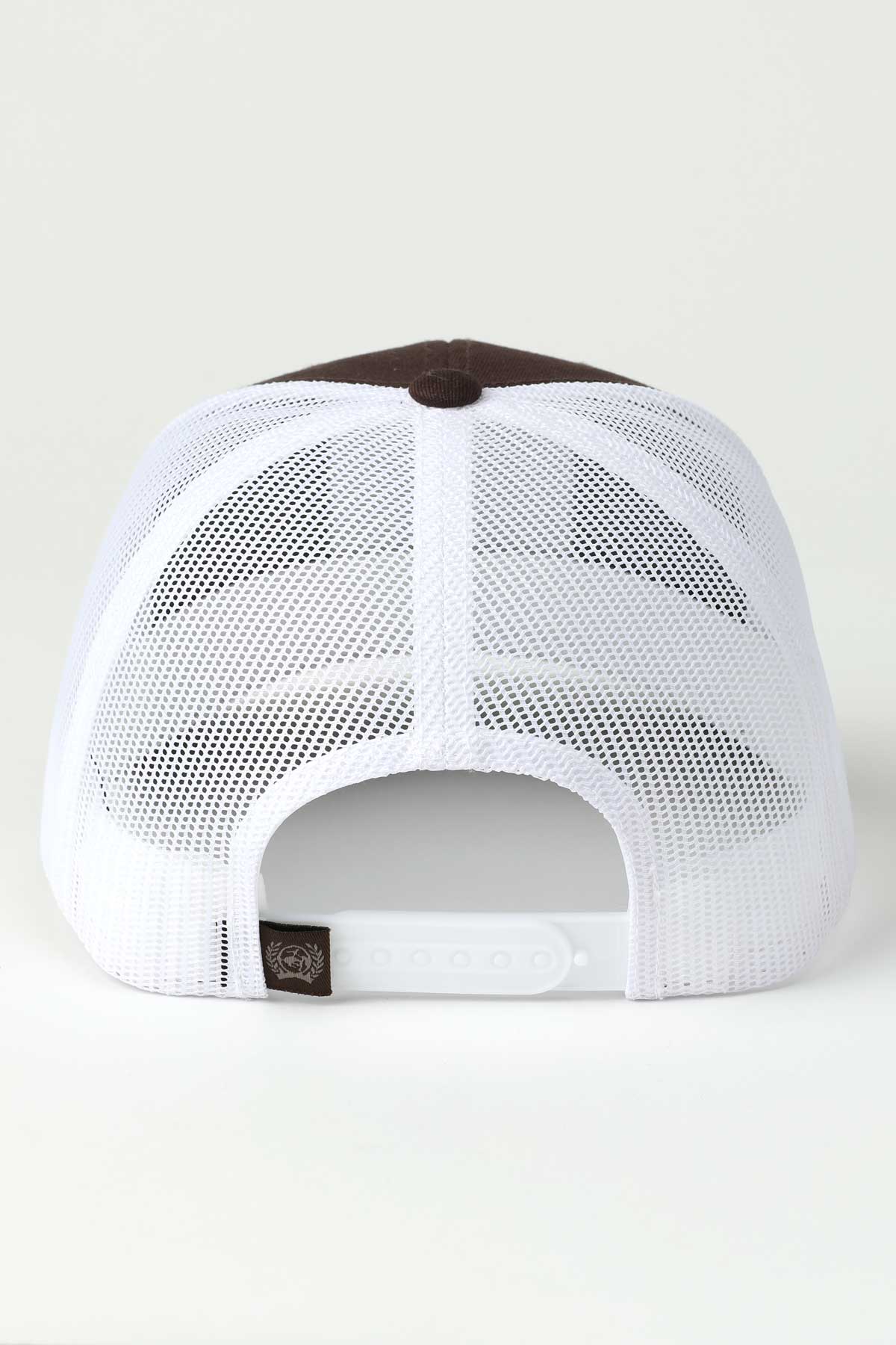 Back view of a cap with a mesh design on a white background