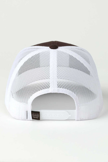 Back view of a cap with a mesh design on a white background