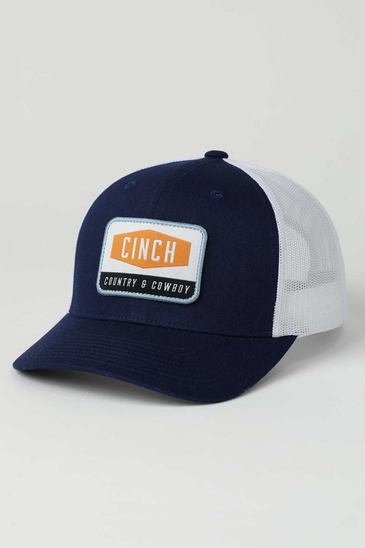 Navy blue and white cap with Cinch logo on a light gray background